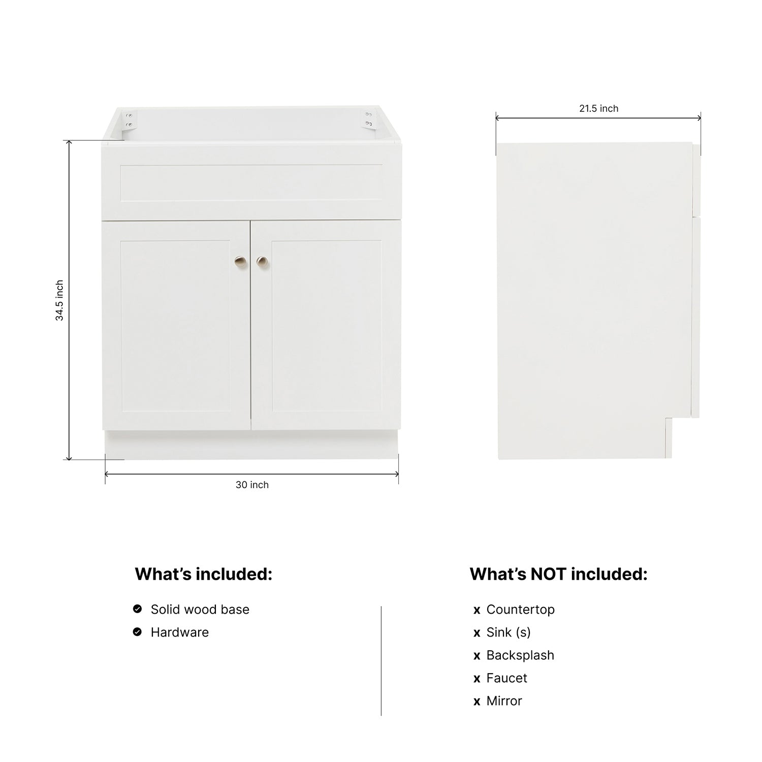 Bradford 30-inch White base cabinet on dimensions