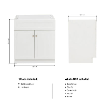 Bradford 30-inch White base cabinet on dimensions