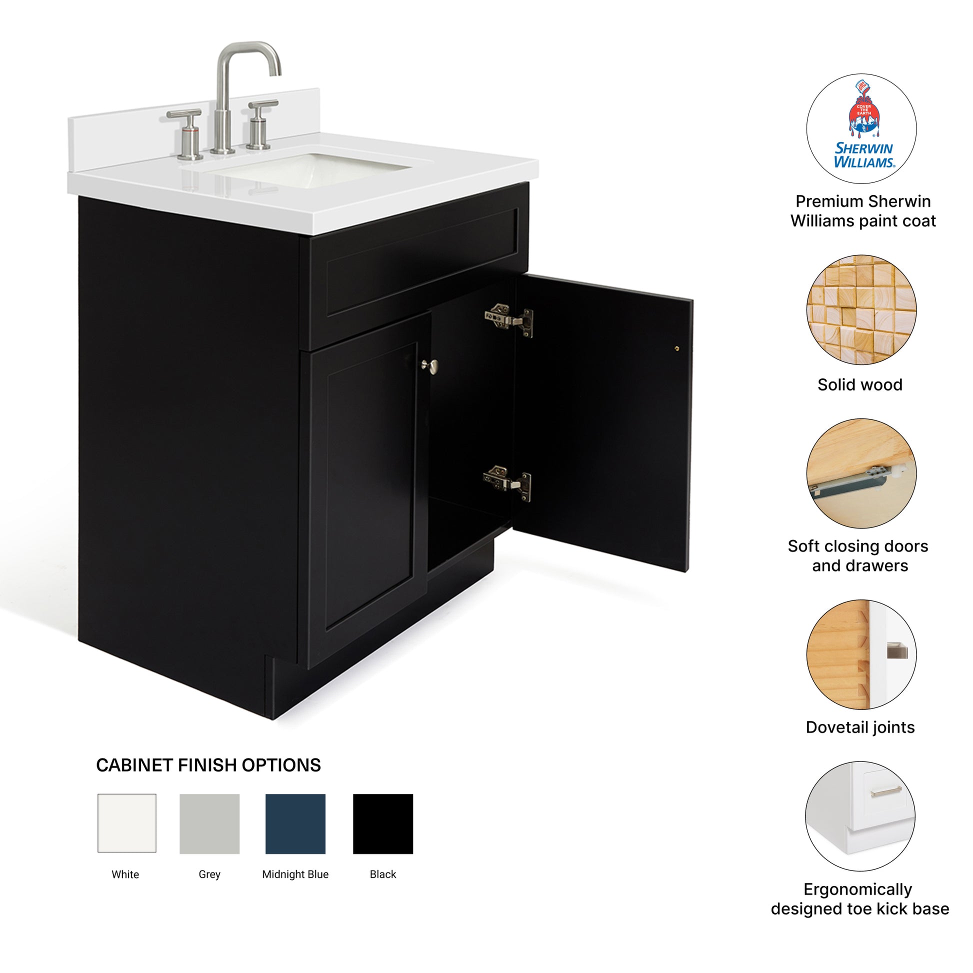 Bradford 30-Inch Black bathroom vanity – feature highlights: solid wood frame, soft-close doors and drawers, Sherwin-Williams paint finish