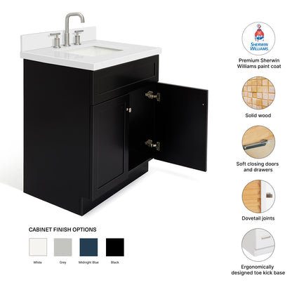 Bradford 30-Inch Black bathroom vanity – feature highlights: solid wood frame, soft-close doors and drawers, Sherwin-Williams paint finish