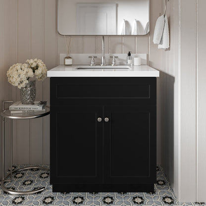 Bradford 30-Inch Black bathroom vanity in styled bathroom setting