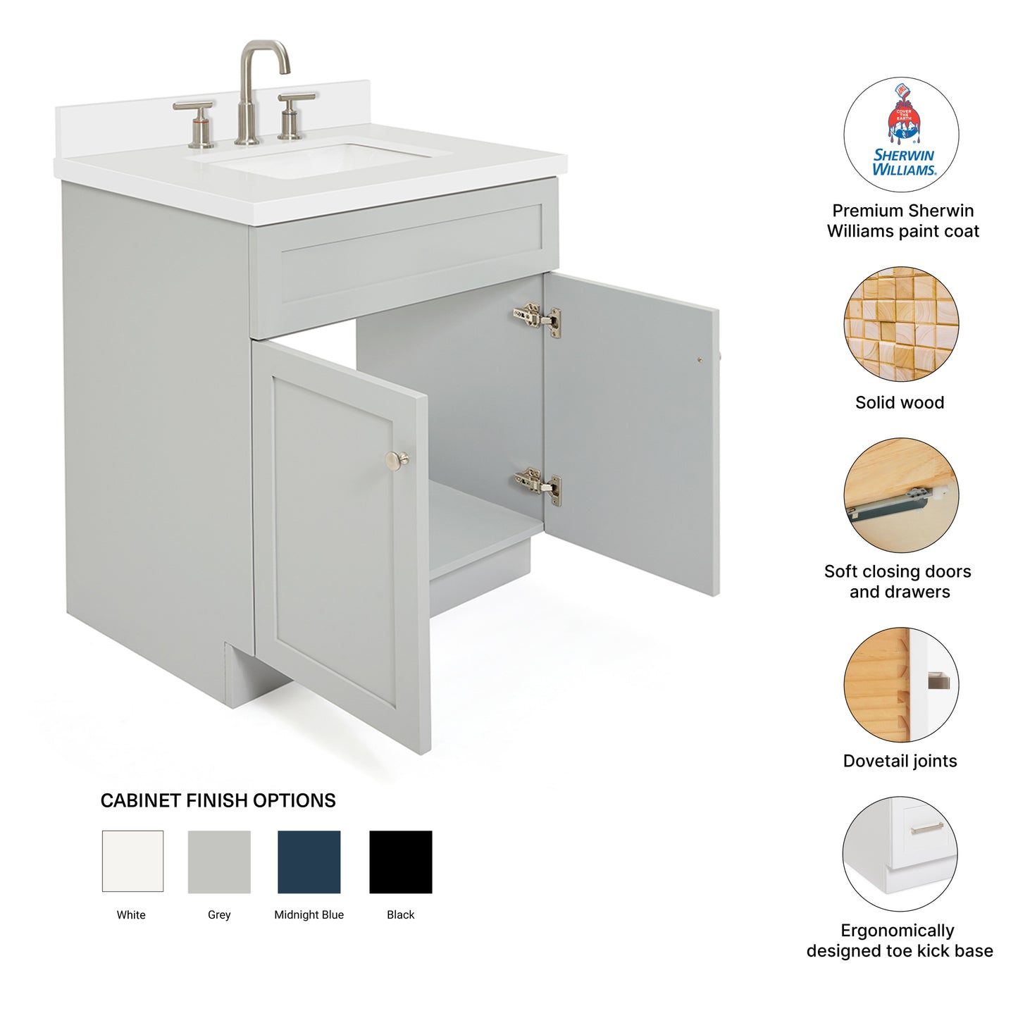 Bradford 30-Inch Grey bathroom vanity – feature highlights: solid wood frame, soft-close doors and drawers, Sherwin-Williams paint finish