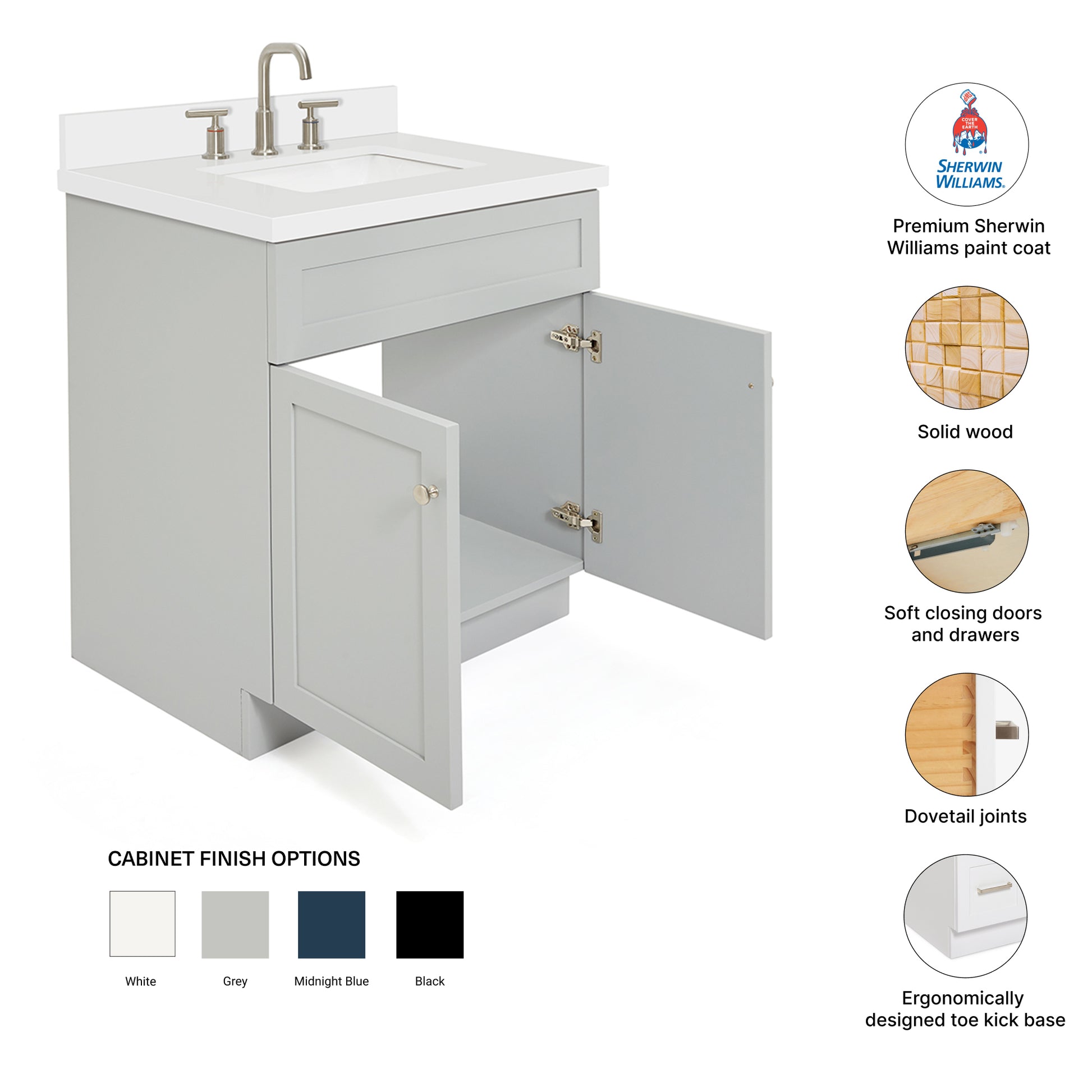 Bradford 30-Inch Grey bathroom vanity – feature highlights: solid wood frame, soft-close doors and drawers, Sherwin-Williams paint finish