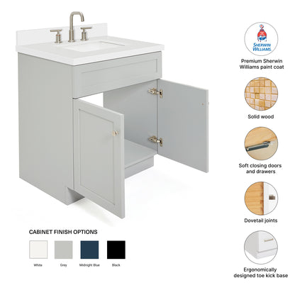 Bradford 30-Inch Grey bathroom vanity – feature highlights: solid wood frame, soft-close doors and drawers, Sherwin-Williams paint finish