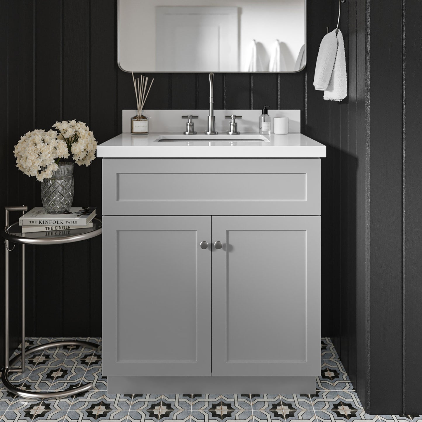 Bradford 30-Inch Grey bathroom vanity in styled bathroom setting