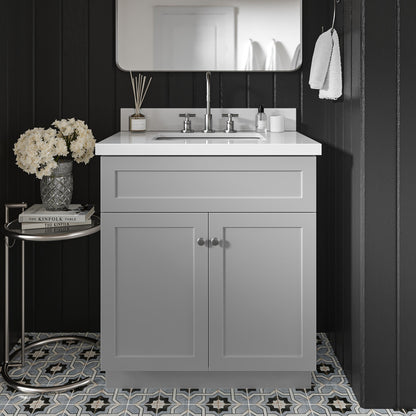 Bradford 30-Inch Grey bathroom vanity in styled bathroom setting