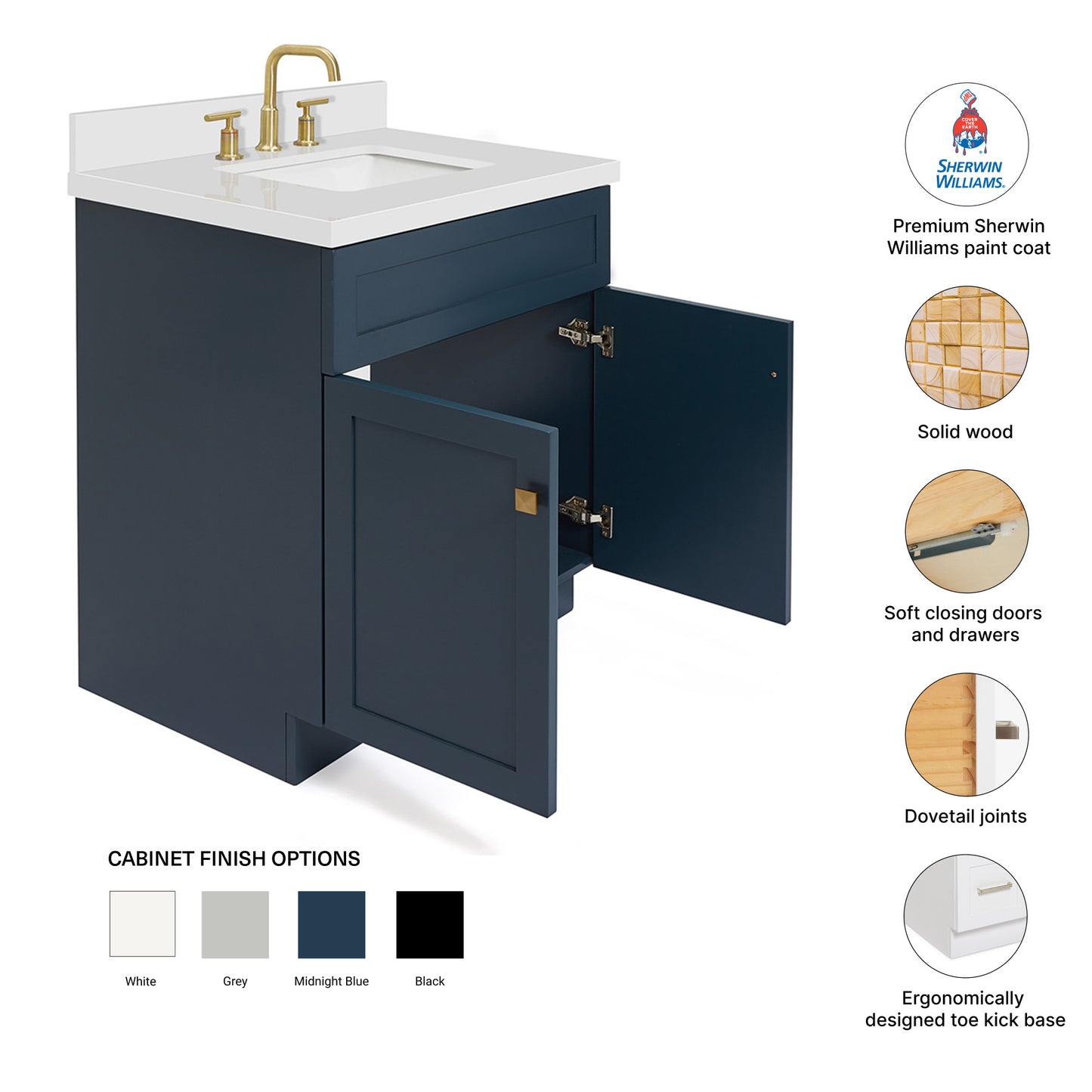 Bradford 30-Inch Midnight Blue bathroom vanity – feature highlights: solid wood frame, soft-close doors and drawers, Sherwin-Williams paint finish