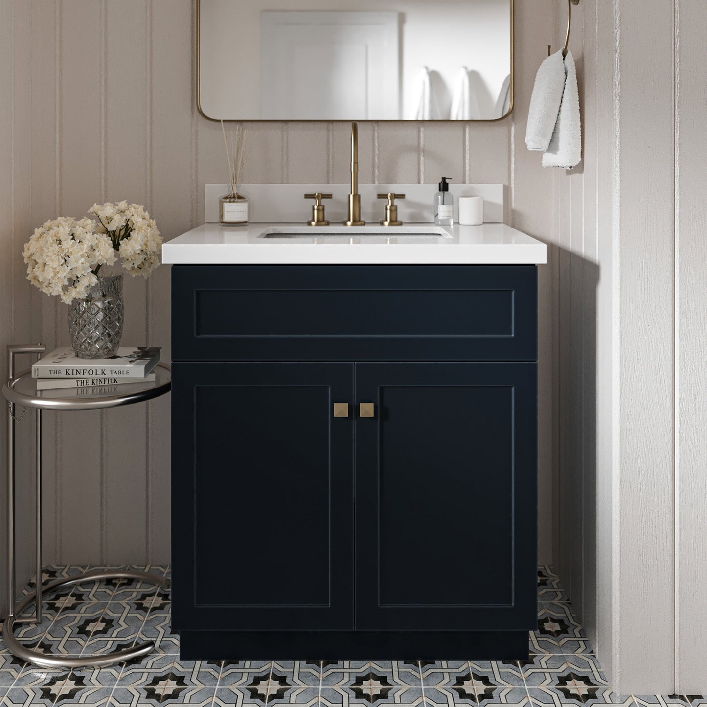 Bradford 30-Inch Midnight Blue bathroom vanity in styled bathroom setting