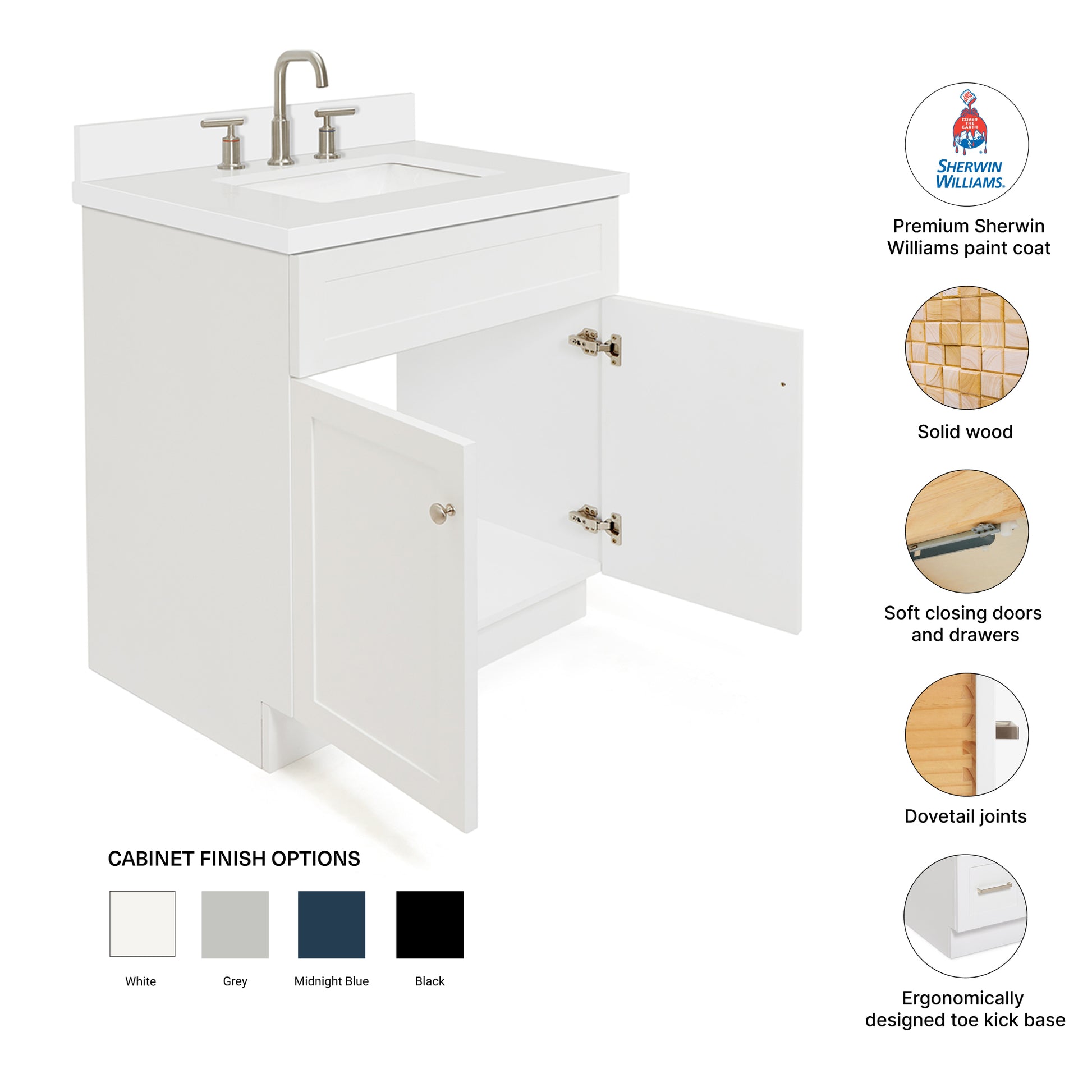 Bradford 30-Inch White bathroom vanity – feature highlights: solid wood frame, soft-close doors and drawers, Sherwin-Williams paint finish