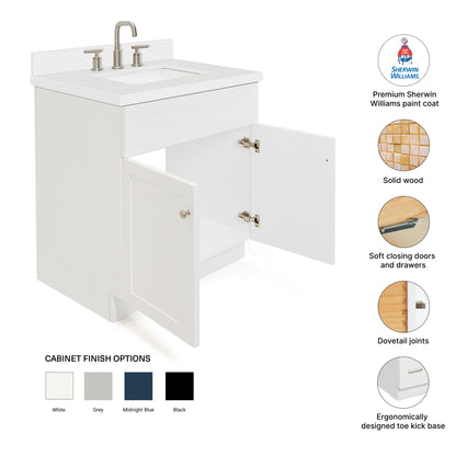Bradford 30-Inch White bathroom vanity – feature highlights: solid wood frame, soft-close doors and drawers, Sherwin-Williams paint finish