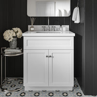 Bradford 30-Inch White bathroom vanity in styled bathroom setting