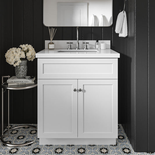 Bradford 30-Inch White bathroom vanity in styled bathroom setting