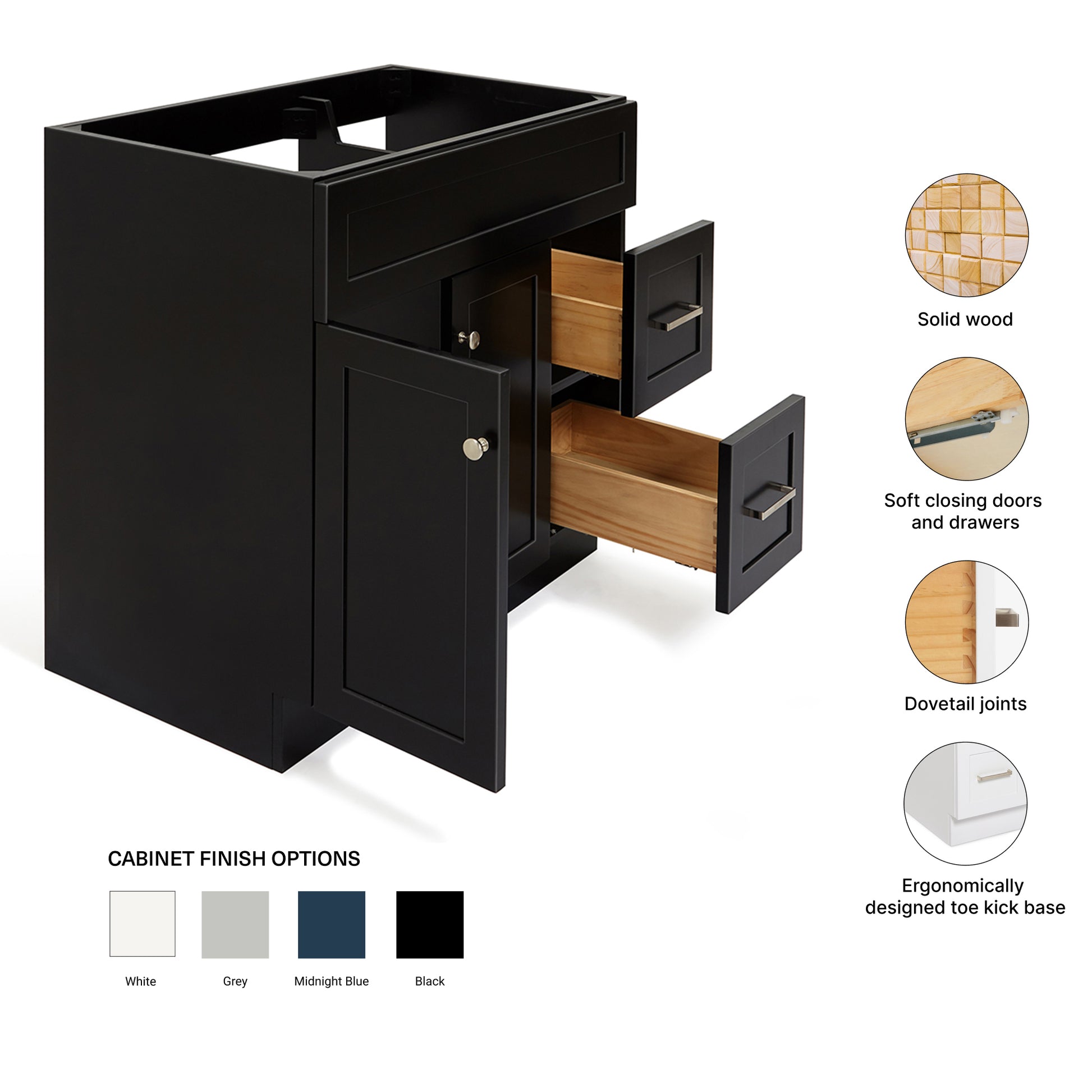 Bradford 36-inch Black base cabinet on feature highlights: solid wood frame, soft-close doors and drawers, Sherwin-Williams paint finish