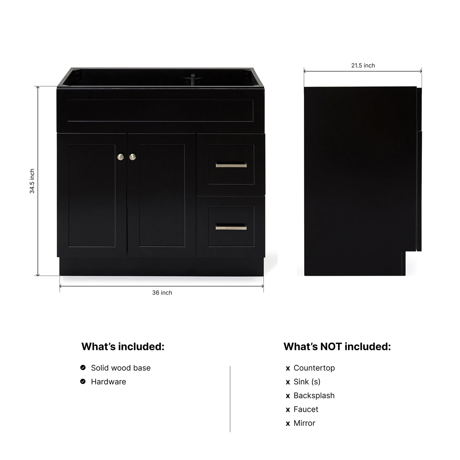 Bradford 36-inch Black base cabinet on dimensions