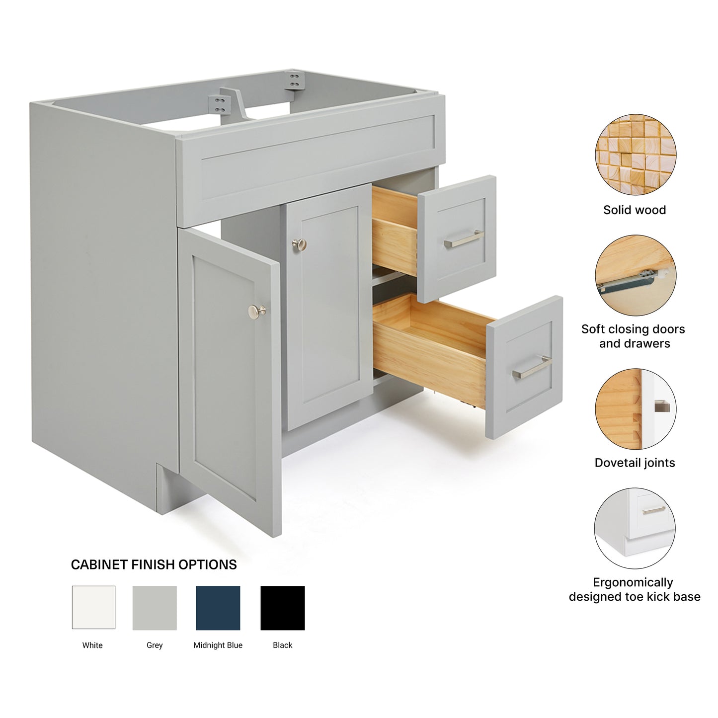 Bradford 36-inch Grey base cabinet on feature highlights: solid wood frame, soft-close doors and drawers, Sherwin-Williams paint finish