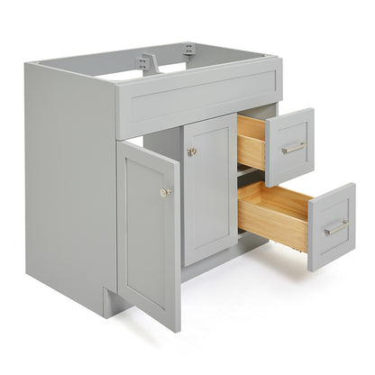 Bradford 36-inch Grey base cabinet on white back ground side view open door