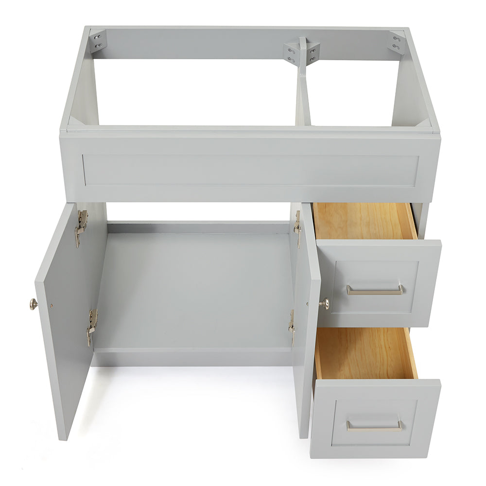 Bradford 36-inch Grey base cabinet on white back ground front view open door