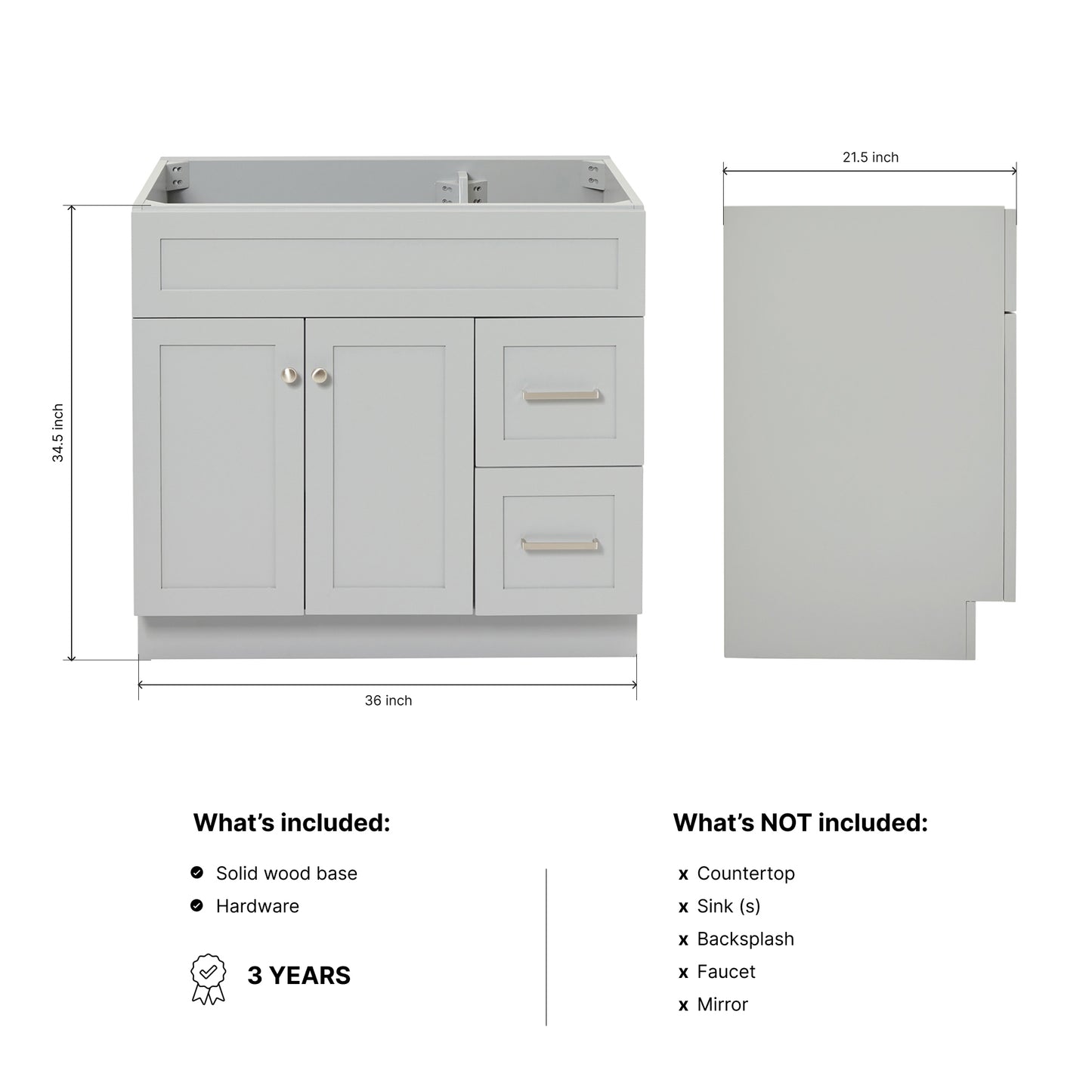 Bradford 36-inch Grey base cabinet on dimensions