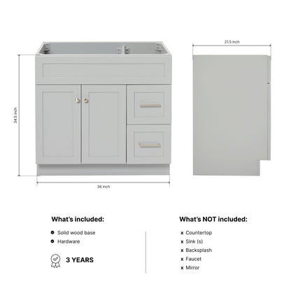 Bradford 36-inch Grey base cabinet on dimensions
