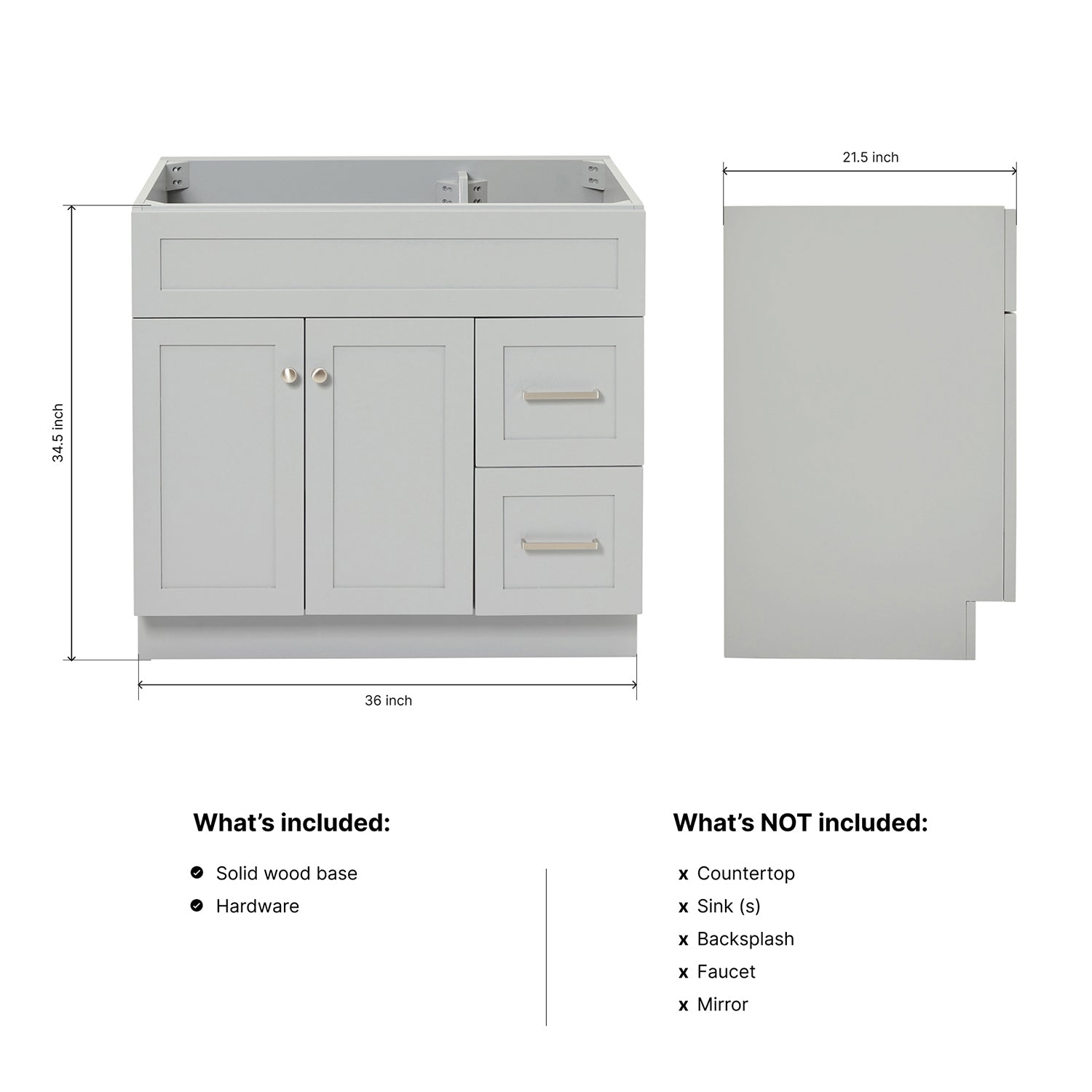 Bradford 36-inch Grey base cabinet on dimensions