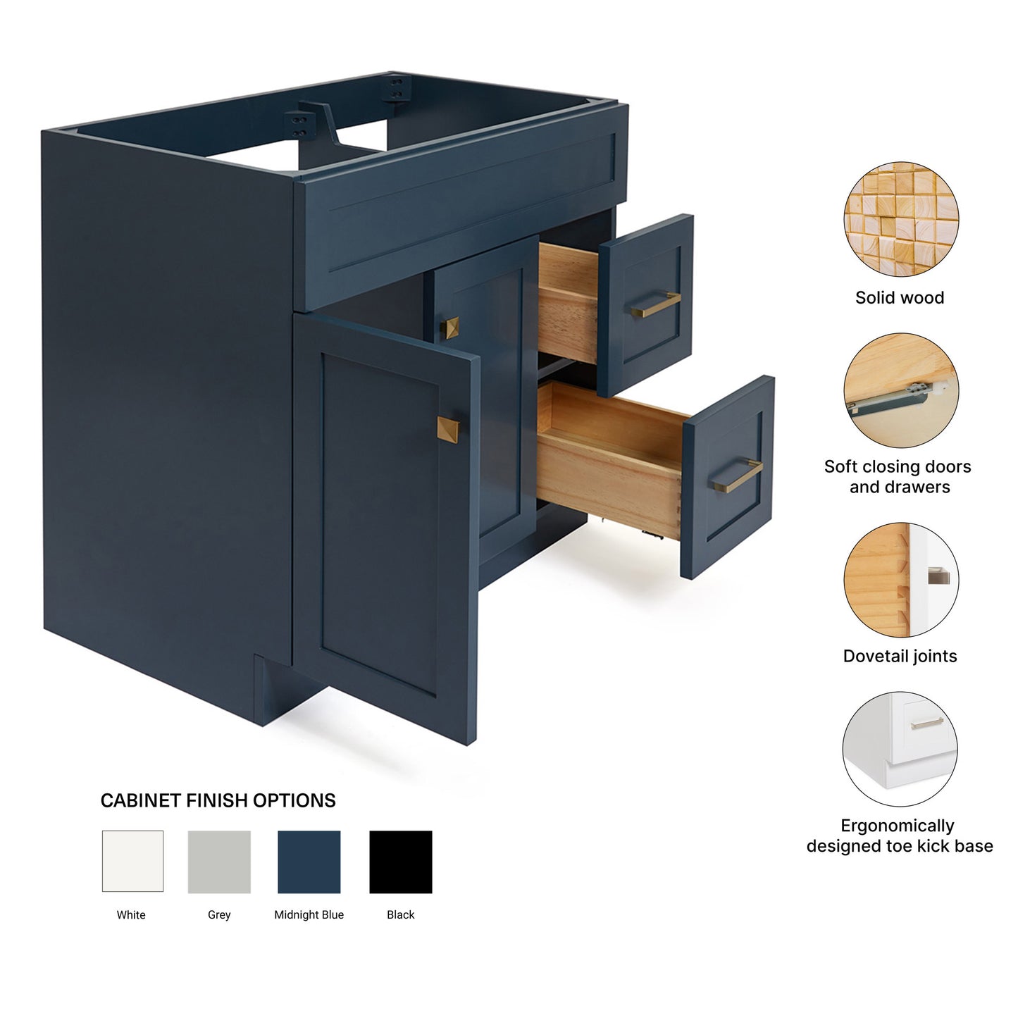 Bradford 36-inch Midnight Blue base cabinet on feature highlights: solid wood frame, soft-close doors and drawers, Sherwin-Williams paint finish