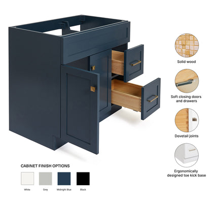 Bradford 36-inch Midnight Blue base cabinet on feature highlights: solid wood frame, soft-close doors and drawers, Sherwin-Williams paint finish