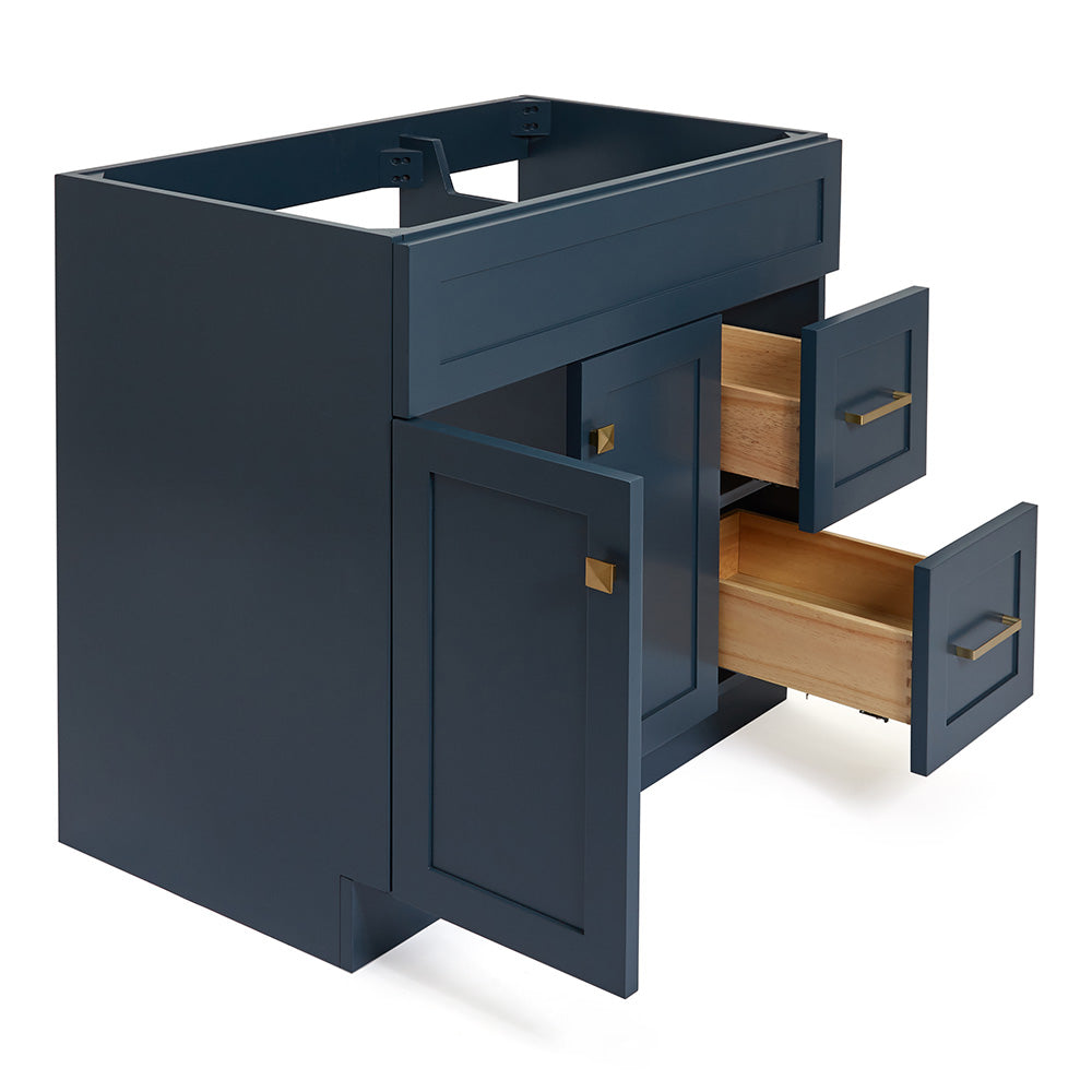 Bradford 36-inch Midnight Blue base cabinet on white back ground side view open door