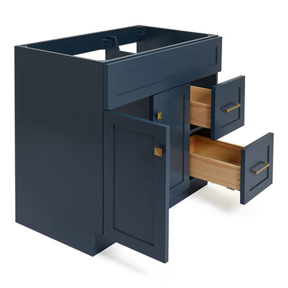 Bradford 36-inch Midnight Blue base cabinet on white back ground side view open door
