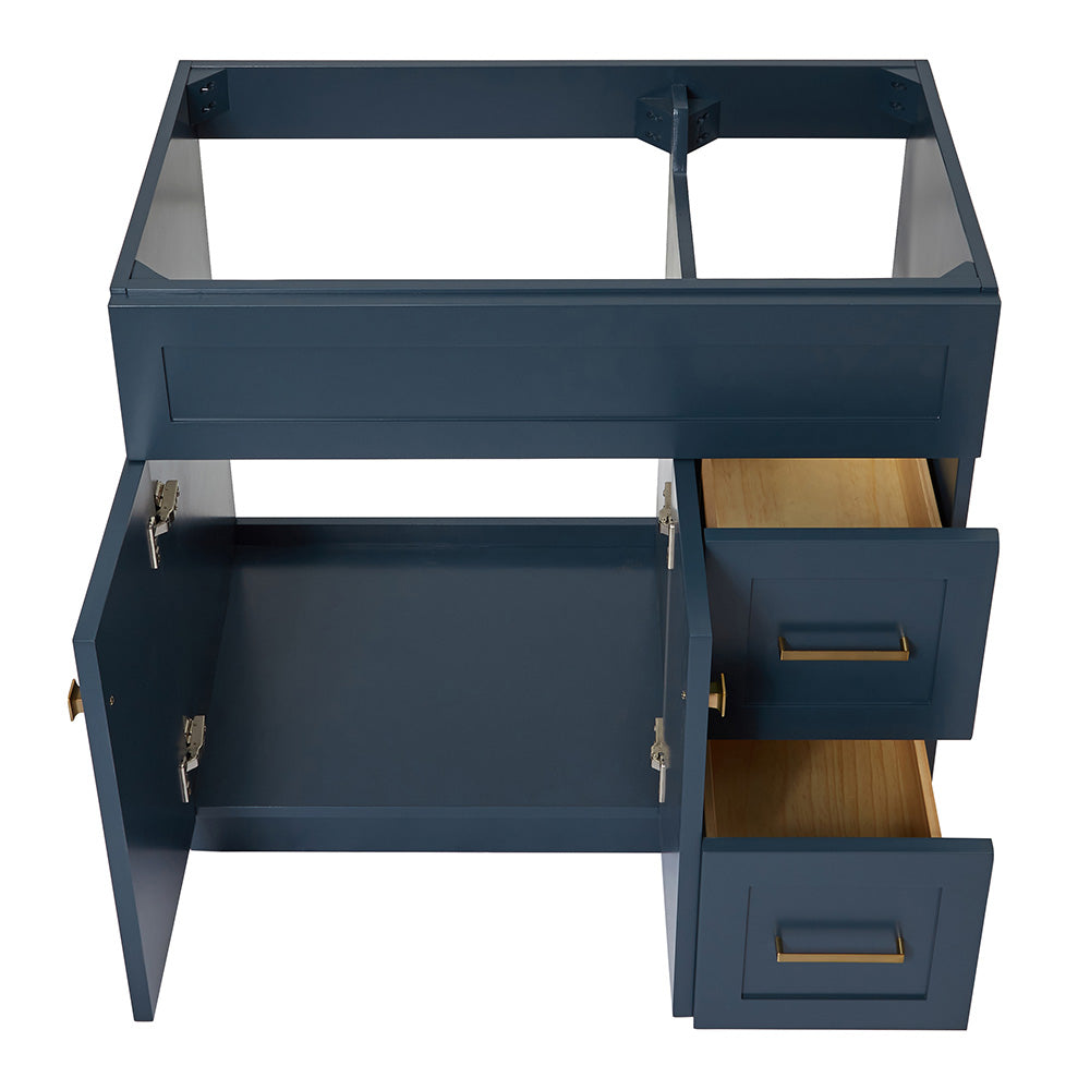 Bradford 36-inch Midnight Blue base cabinet on white back ground front view open door