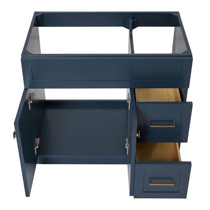 Bradford 36-inch Midnight Blue base cabinet on white back ground front view open door