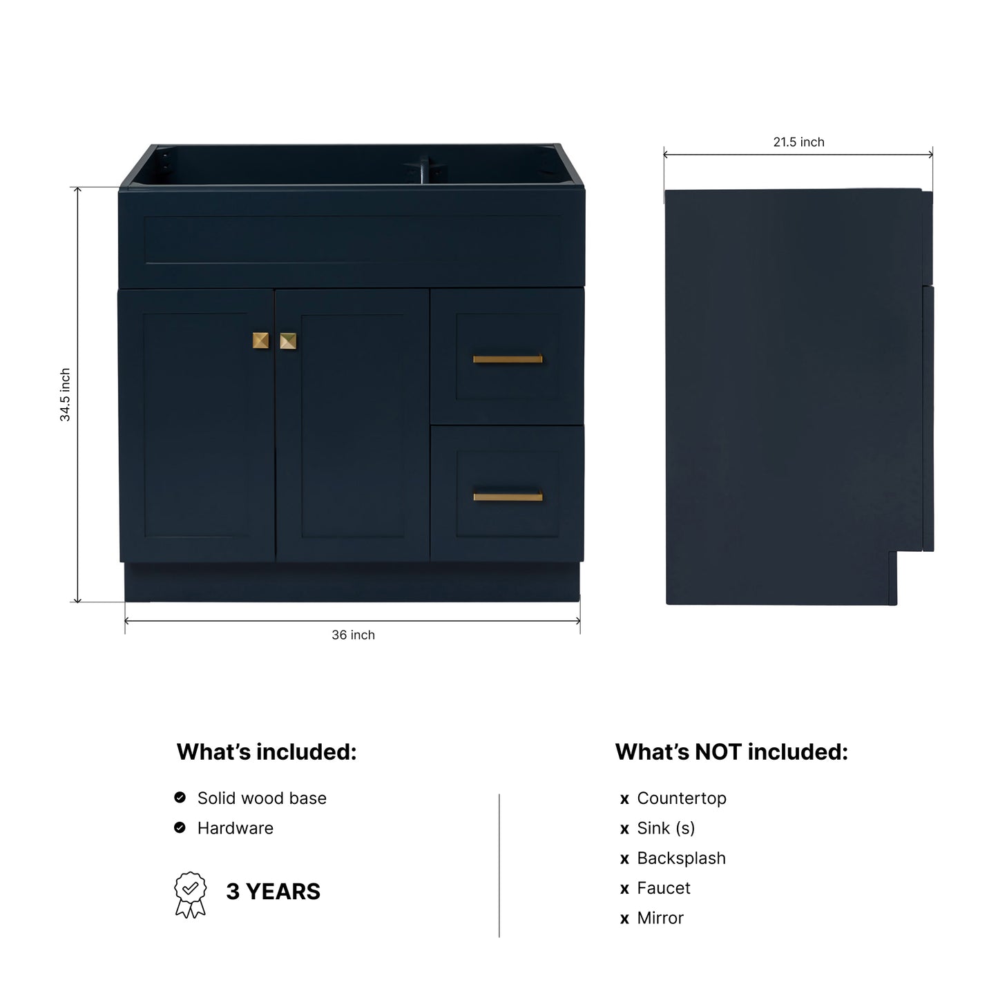 Bradford 36-inch Midnight Blue base cabinet on dimensions