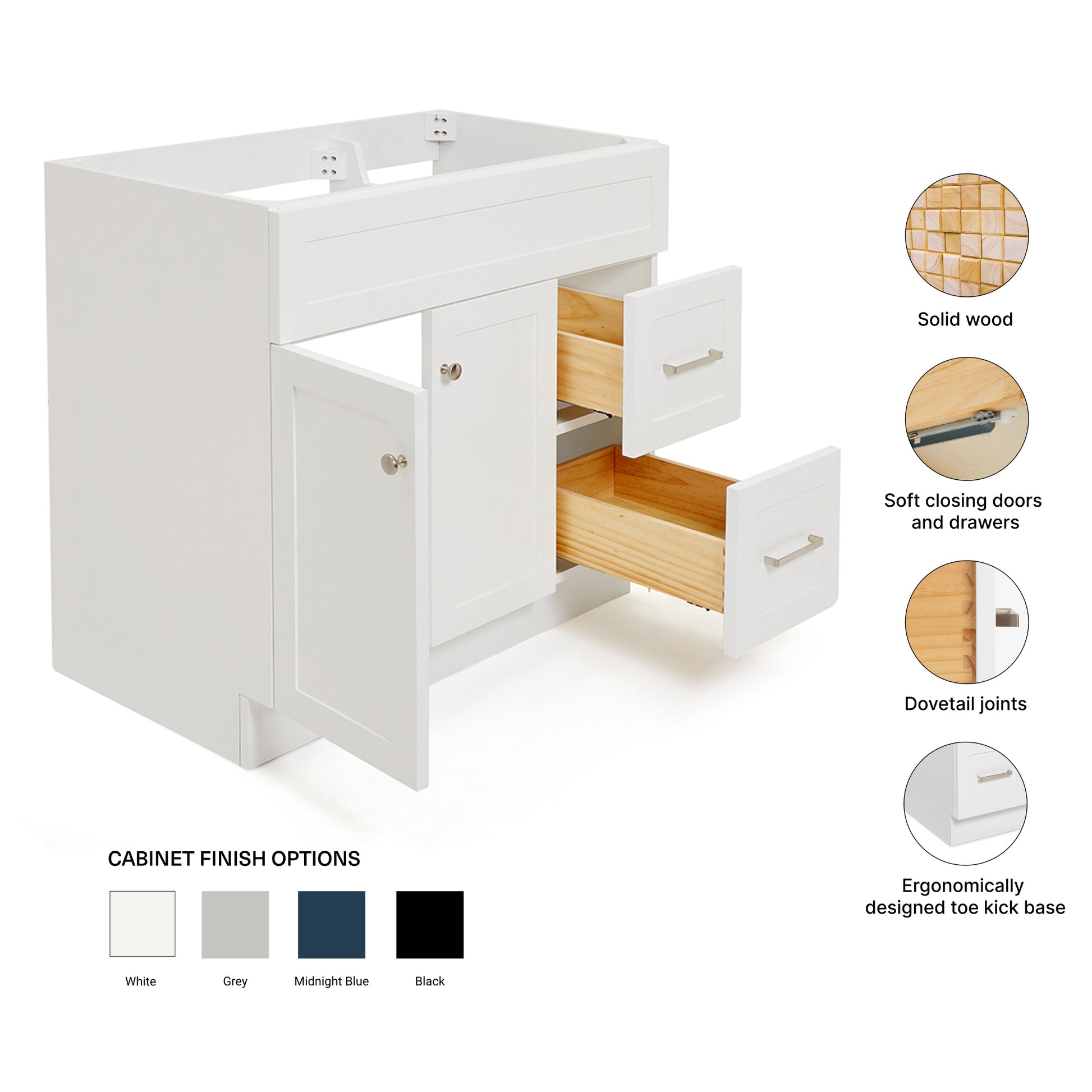 Bradford 36-inch White base cabinet on feature highlights: solid wood frame, soft-close doors and drawers, Sherwin-Williams paint finish