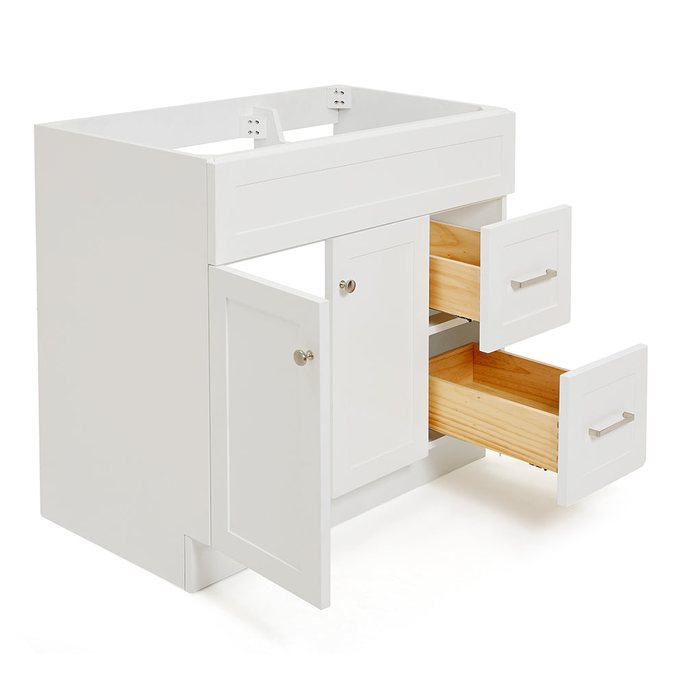 Bradford 36-inch White base cabinet on white back ground side view open door