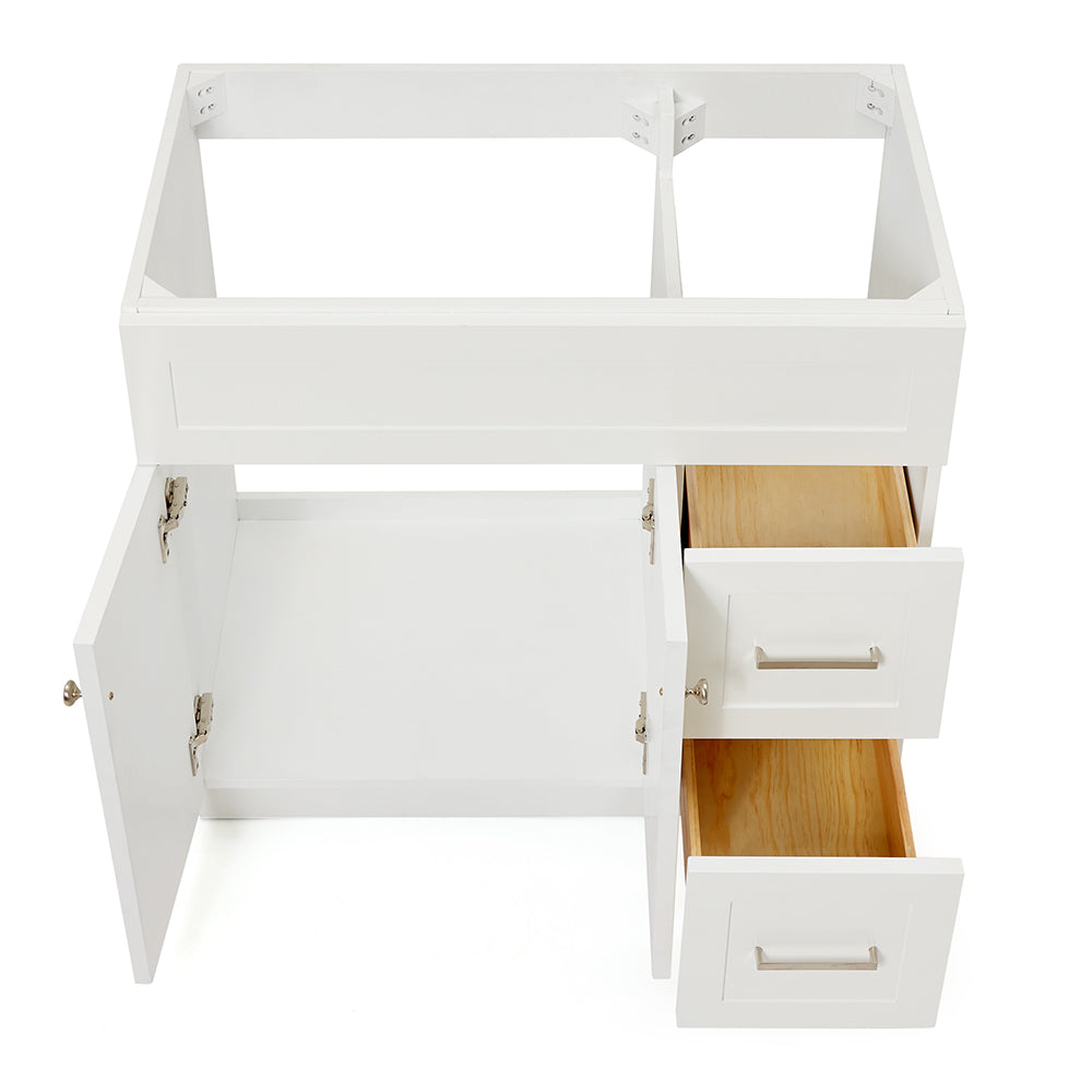 Bradford 36-inch White base cabinet on white back ground front view open door