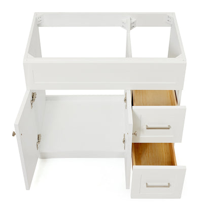 Bradford 36-inch White base cabinet on white back ground front view open door