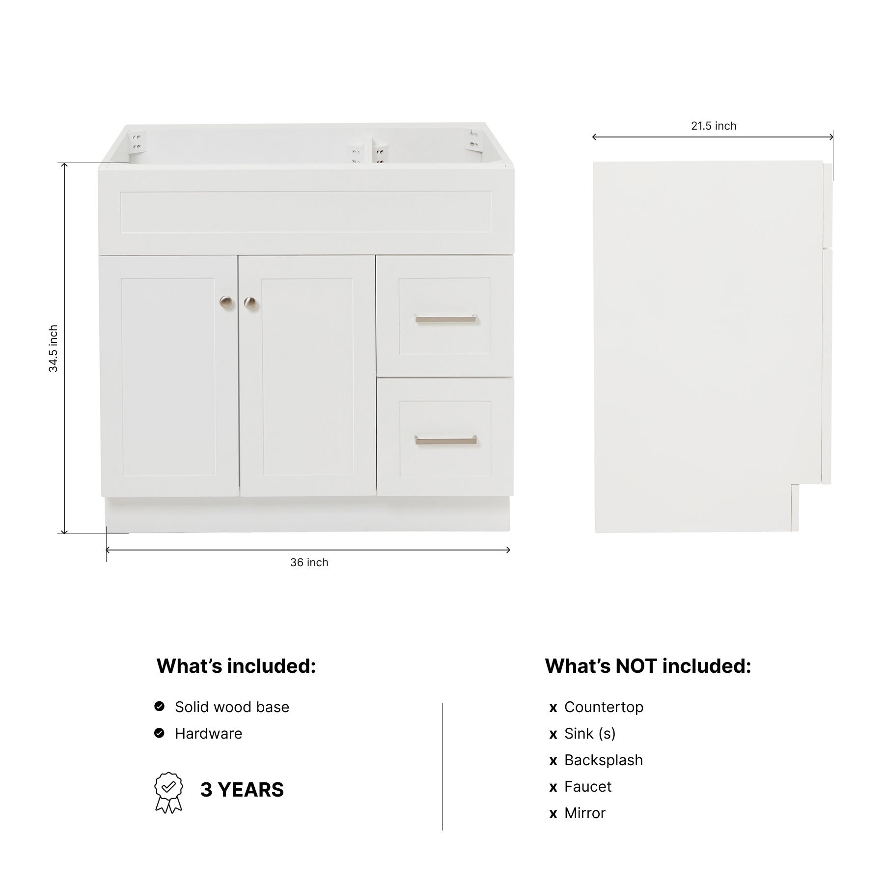 Bradford 36-inch White base cabinet on dimensions