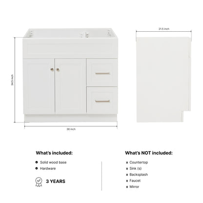 Bradford 36-inch White base cabinet on dimensions