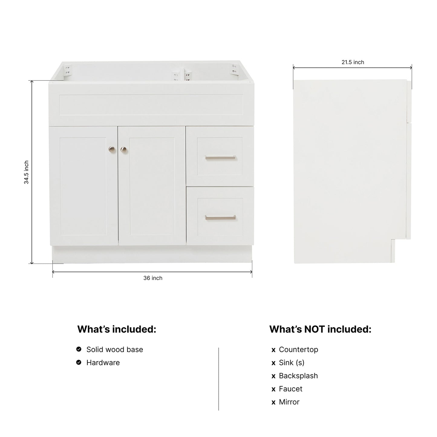 Bradford 36-inch White base cabinet on dimensions