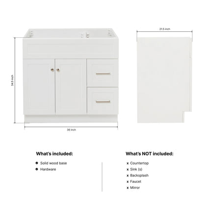 Bradford 36-inch White base cabinet on dimensions