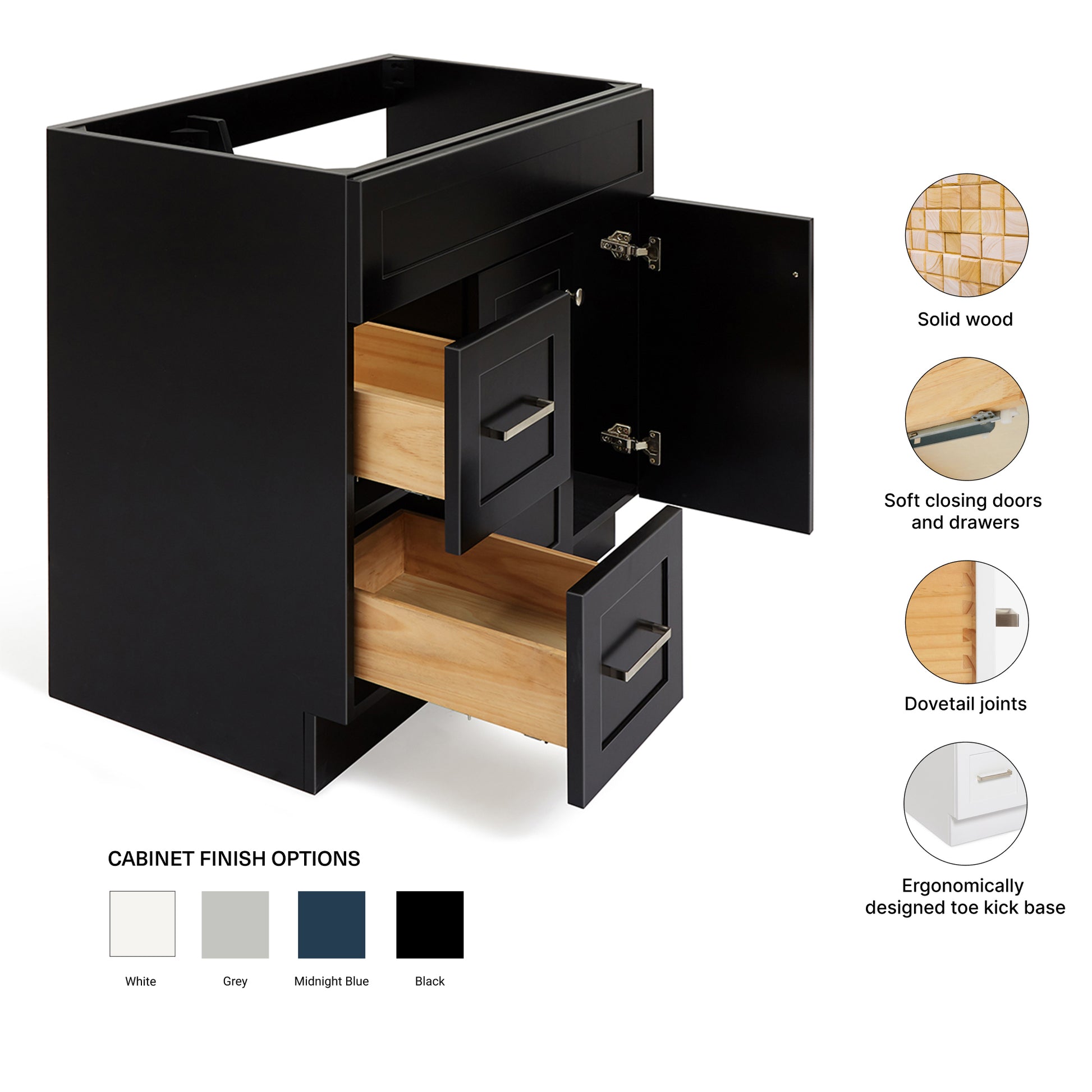 Bradford 36-inch Black base cabinet on feature highlights: solid wood frame, soft-close doors and drawers, Sherwin-Williams paint finish