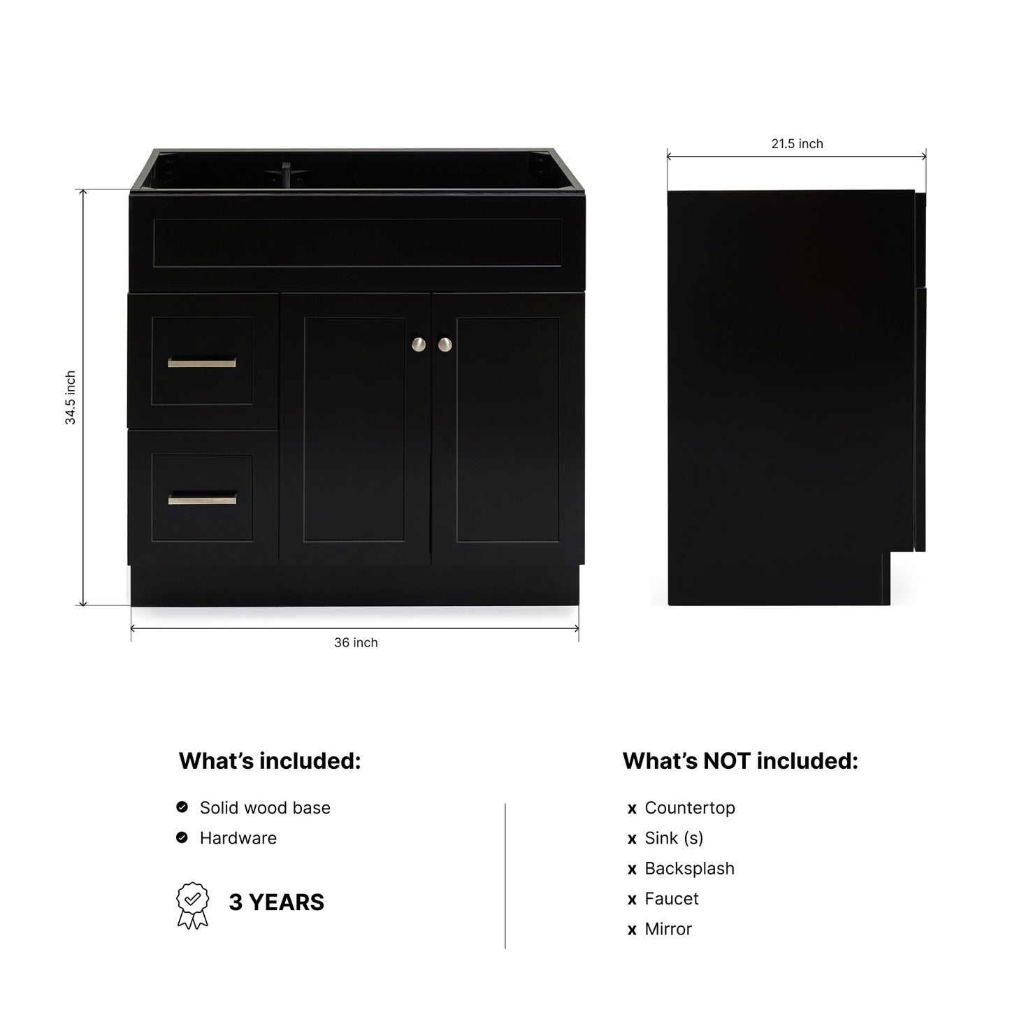 Bradford 36-inch Black base cabinet on dimensions