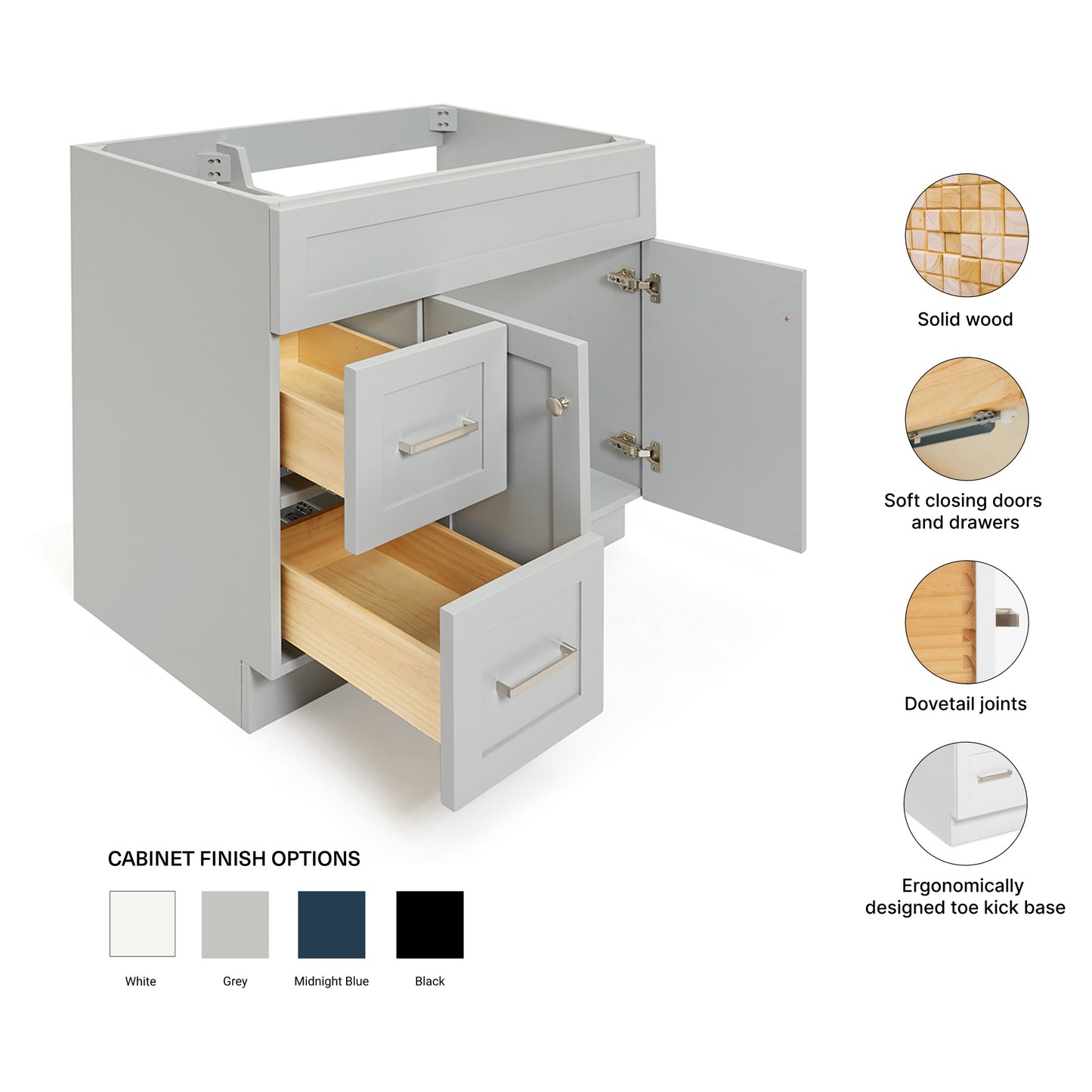 Bradford 36-inch Grey base cabinet on feature highlights: solid wood frame, soft-close doors and drawers, Sherwin-Williams paint finish