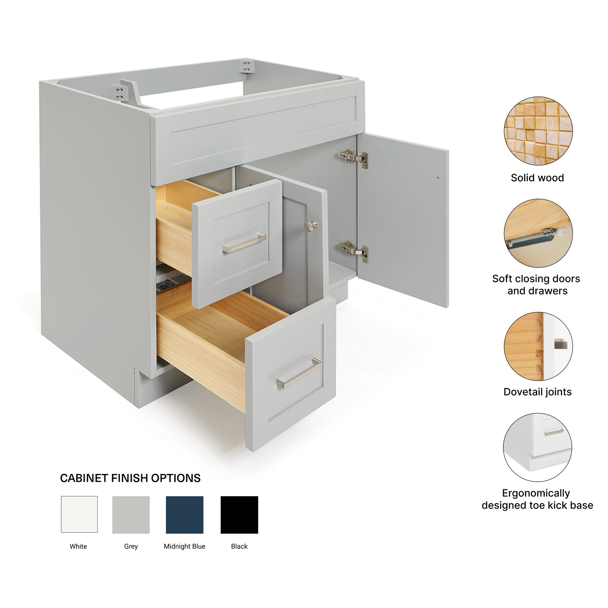 Bradford 36-inch Grey base cabinet on feature highlights: solid wood frame, soft-close doors and drawers, Sherwin-Williams paint finish