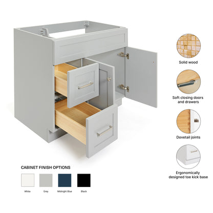 Bradford 36-inch Grey base cabinet on feature highlights: solid wood frame, soft-close doors and drawers, Sherwin-Williams paint finish