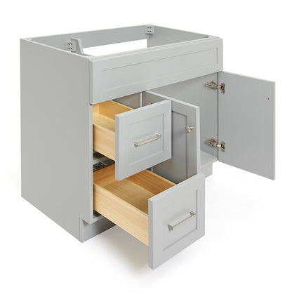 Bradford 36-inch Grey base cabinet on white back ground side view open door