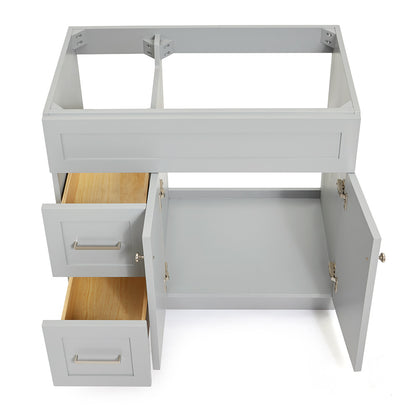Bradford 36-inch Grey base cabinet on white back ground front view open door