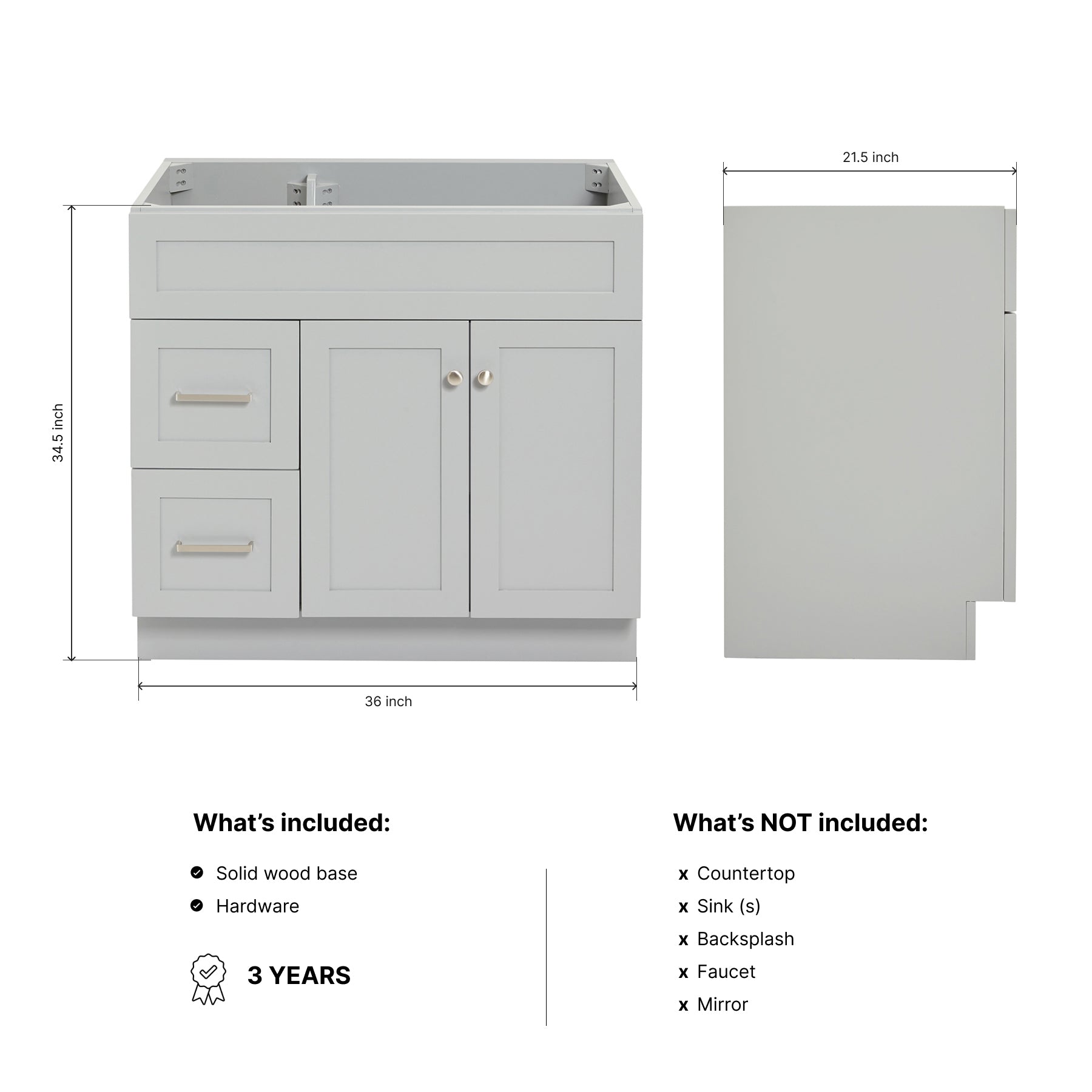 Bradford 36-inch Grey base cabinet on dimensions