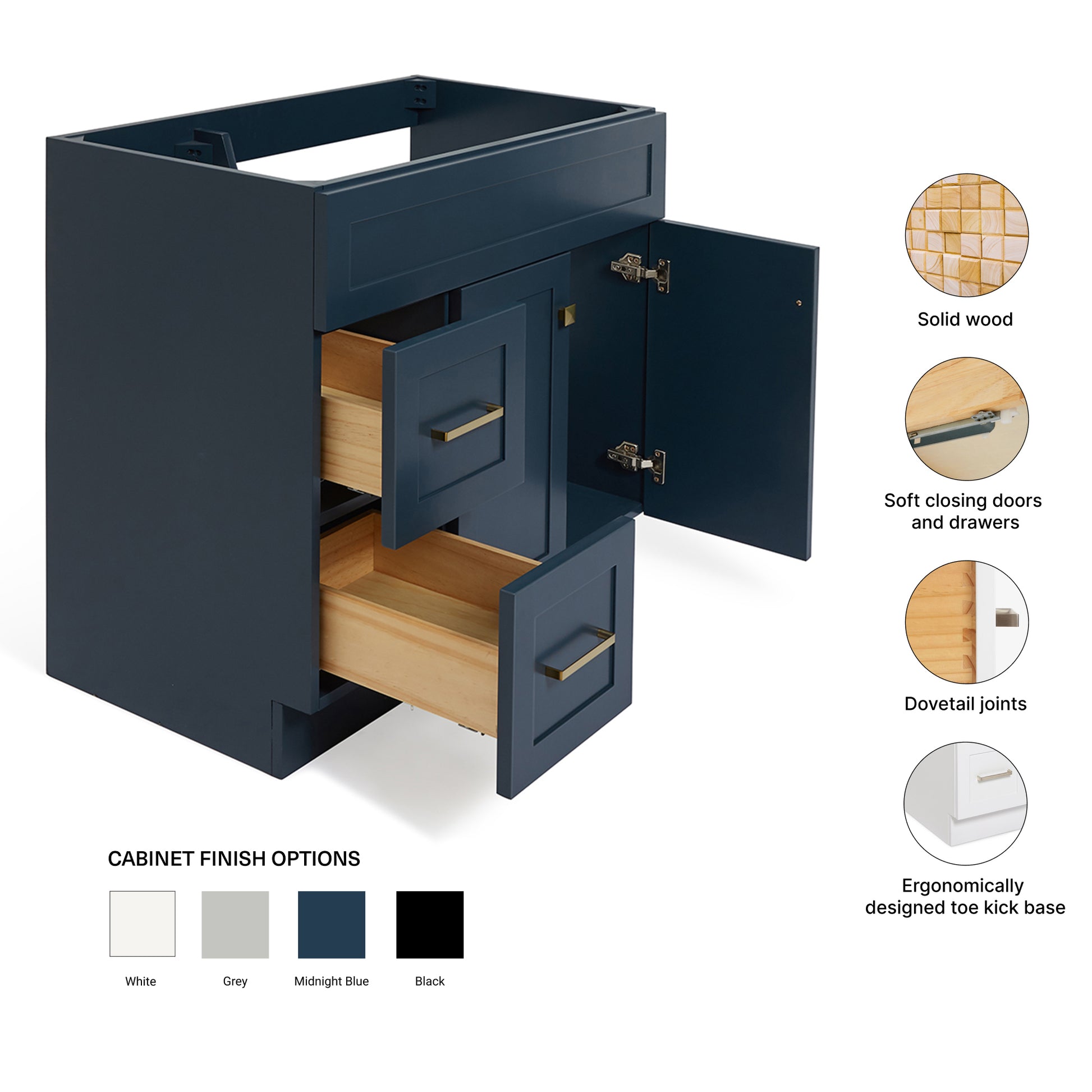 Bradford 36-inch Midnight Blue base cabinet on feature highlights: solid wood frame, soft-close doors and drawers, Sherwin-Williams paint finish