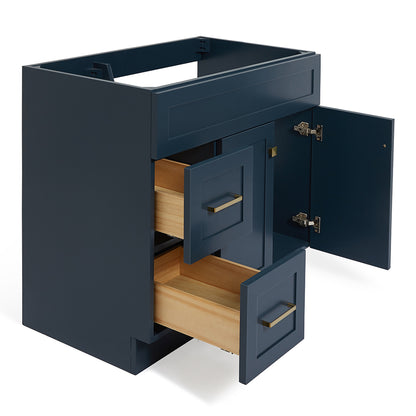 Bradford 36-inch Midnight Blue base cabinet on white back ground side view open door