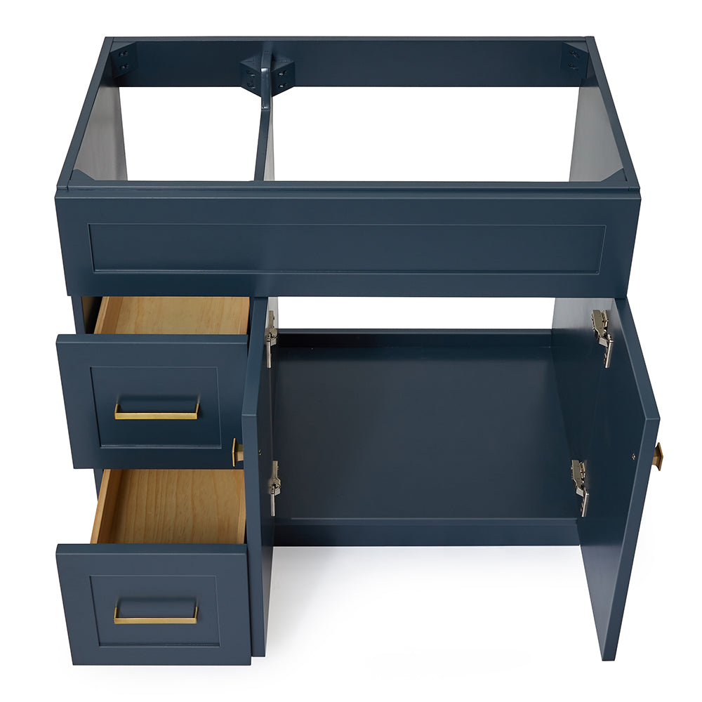 Bradford 36-inch Midnight Blue base cabinet on white back ground front view open door